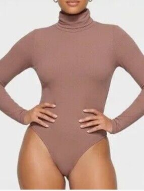 Naked Wardrobe NEW Turtleneck Bodycon Cheeky Long Sleeve Taupe/Tan Bodysuit  L